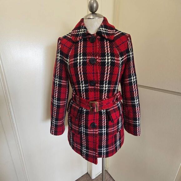 E.land Univ. Marine Club SB Red/Blk/Blue Plaid Belted Jkt., Vtg., Sz. 6, EUC - Picture 1 of 8